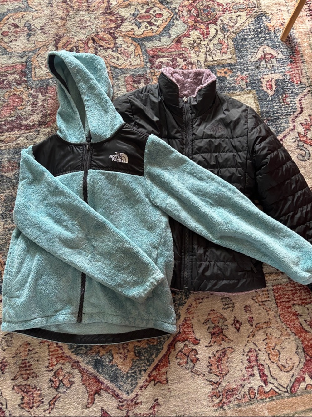 The North Face Girls' Aqua Blue Hooded Fleece Jacket & Black Fleece Lined jacket